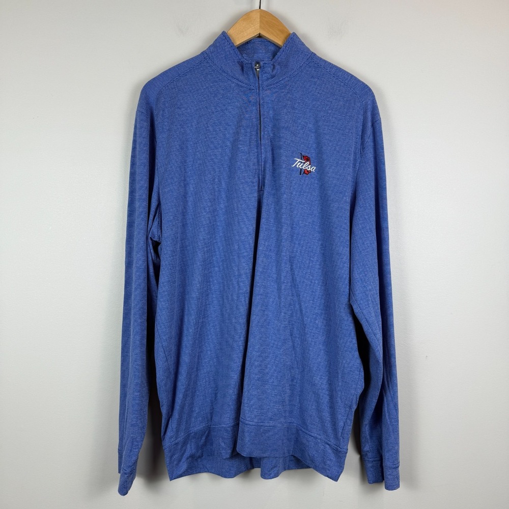 Johnnie-O Tulsa Sweatshirt Men Large Blue Striped‎ Stretch 1/4 Zip Pullover Logo